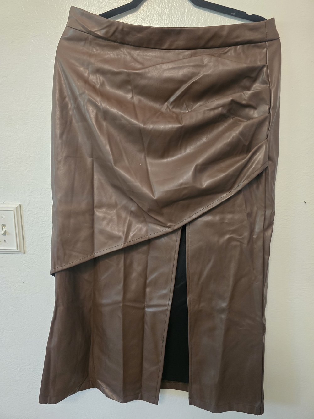 Brown Faux Leather Asymmetrical Midi Skirt